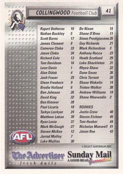 2003 Select The Advertiser-Sunday Mail AFL #41 Collingwood Magpies Back